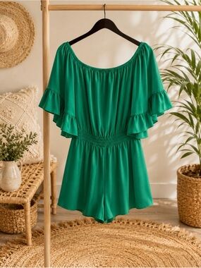 Sea Shell Kelly Green Off Shoulder Romper Ruffle Sleeve Boho Sz L P2P 22’